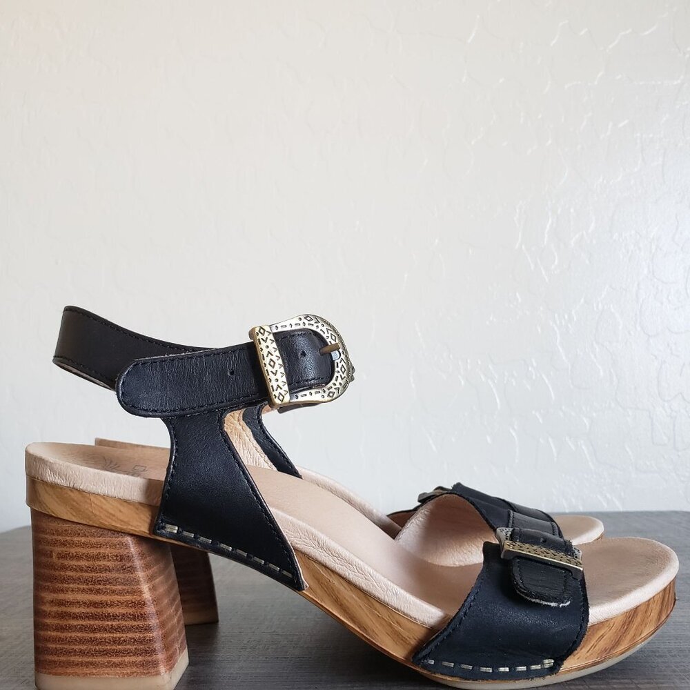 Dansko Anna Burnished Calf Leather Ankle Strap Sandals Block Heel Black Sz 8.5-9